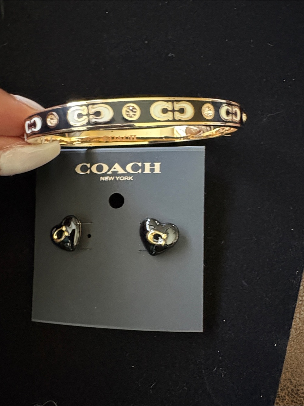 Coach Black and Gold Logo Bangle with Black Heart Logo Studs